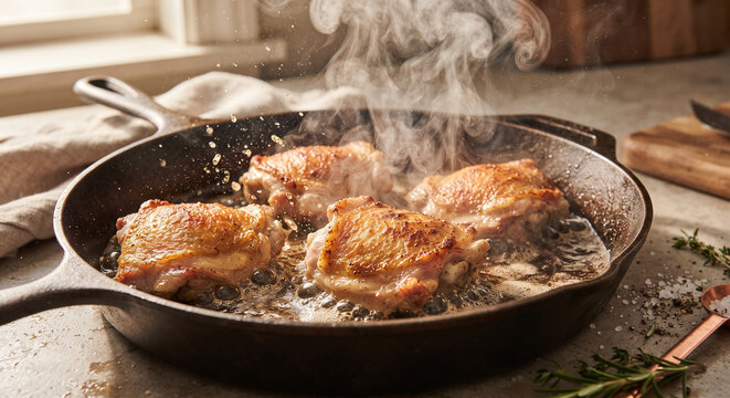 A high-action shot of chicken thighs developing a crispy, golden-brown crust in a hot olive-oil-lined pan, showing bubbling fats and aromatic steam rising.