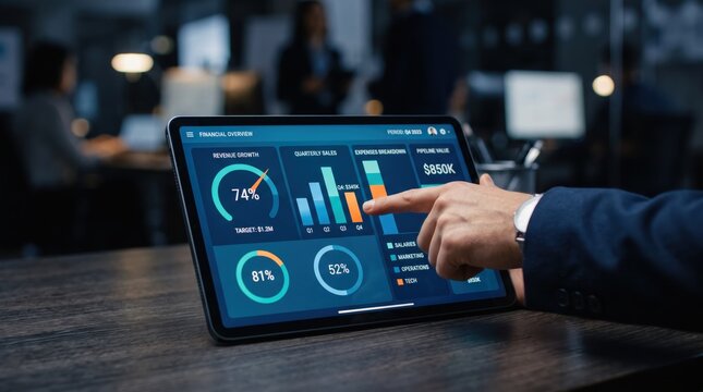 Close up of businessman hand analyzing financial overview dashboard on tablet showing revenue growth charts and sales data statistics for business performance review