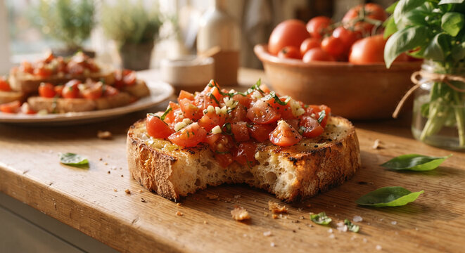 A focus-stacked, mouth-watering image capturing a bite taken out of a crisp bruschetta, highlighting the crunch of the garlicky bread contrasted against the cool, juicy tomato topping.