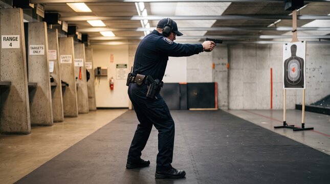 Police officer in uniform practicing shooting skills at indoor firing range aiming handgun at target for law enforcement training