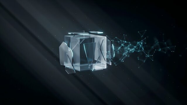 Translucent glass cube unfolding into data structure &ndash; Ideal for open source data, spatial computing, or digital security.