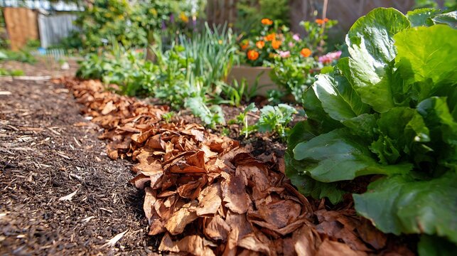 Fresh lettuce and garden plants growing in a mulched row healthy organic vegetables in a backyard garden natural healthy food concept