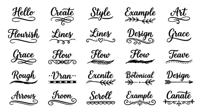 Calligraphy set with hand-lettered words featuring flourish, lines, botanical elements with grace and arrows