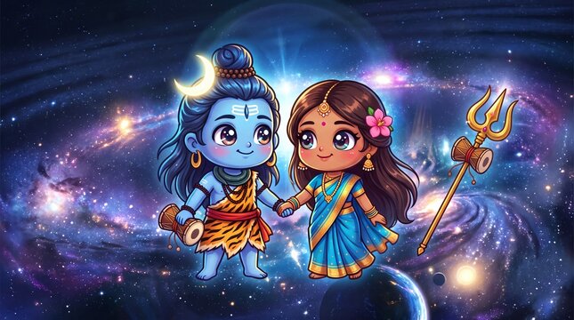 Shiva parvati cartoon for hartalika teej pradosh vrat sharad navratri divine love hindu celebration and spiritual devotion