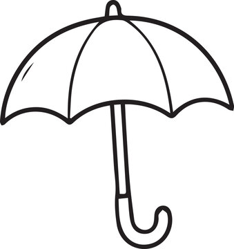 Classic umbrella line art vector icon in black and white outline. Charming design element for rainy weather themes, autumn crafts, stickers, and printable coloring activities.