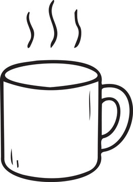 Cozy hot mug with rising steam line art vector icon. Simple black and white outline element for autumn hot drinks, tea, coffee, hygge designs, and printable coloring pages.