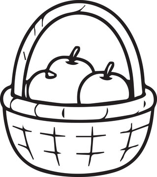 Wicker basket filled with apples line art vector illustration. Black and white outline element for autumn harvest themes, Thanksgiving decor, orchards, and coloring pages.