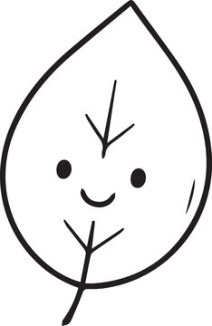 Charming cute leaf with a smiling face line art vector outline. Black and white kawaii character element for kids autumn crafts, fall stickers, and fun coloring activities.