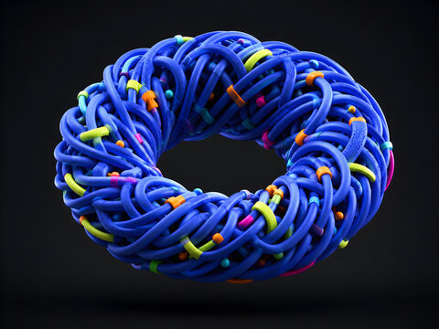 A vibrant blue woven toroidal shape with colorful accents floats against a, showcasing intricate 3d style.