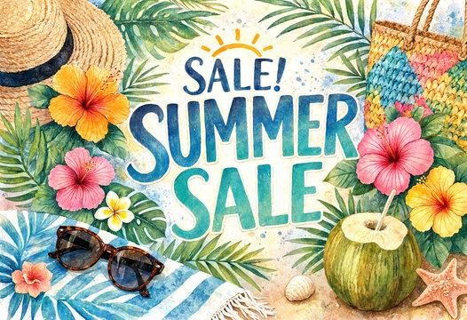 Bright and colorful summer sale advertisement with tropical flowers sunglasses and beach accessories illustration