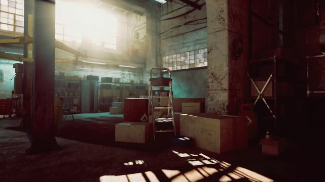 Golden light industrial workshop interior with ladder and crates steel columns and textured brick walls, rays filtering through high windows, strong contrast