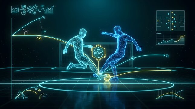 Digital soccer players engage in competitive action featuring vibrant neon wireframe graphics, complex statistical data overlays, and glowing motion trajectory lines