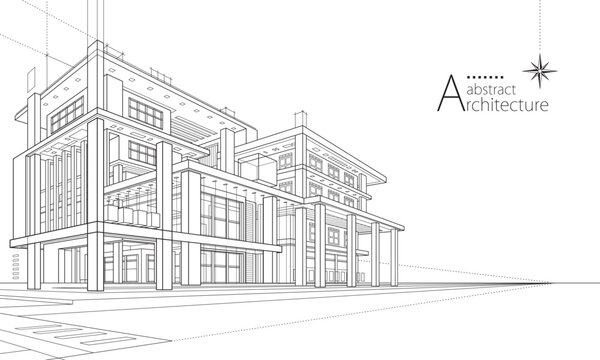 Abstract outline drawing of imaginative urban architectural building design and construction.