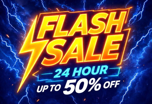 Bright glowing flash sale banner with lightning bolt design advertising discounts up to fifty percent off