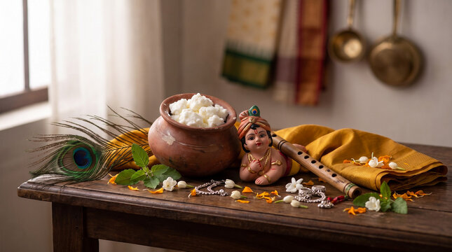 Traditional Baby Krishna devotional arrangement for Janmashtami