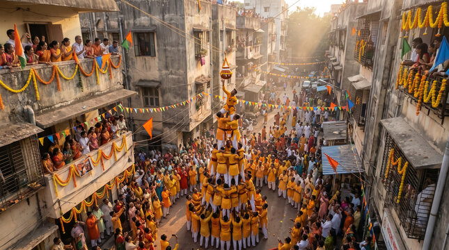 Dynamic Urban Celebration of Dahi Handi during Janmashtami, Aerial View