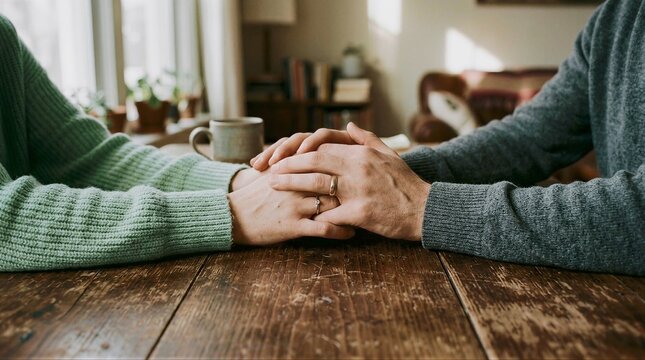 Close up of couple holding hands across wooden table showing love and commitment