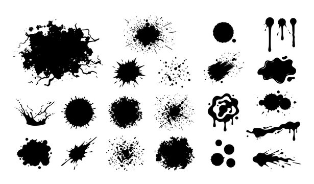 Black ink splash and paint splatter vector collection with grunge blot and liquid drop shapes