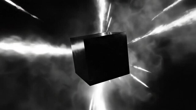 Black cube suspended in swirling fog with dynamic rays of light and contrasting shadows in dramatic cinematic scene