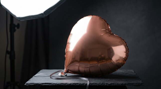 Rose gold heart balloon on slate platform for first day of fall celebration, cozy autumn romance and seasonal love concept in studio lighting.