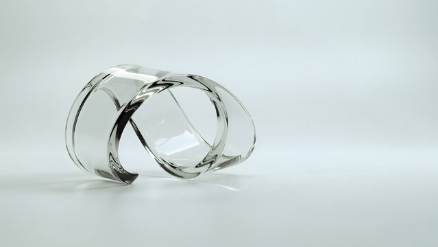Optical glass Mobius strip on minimal background &ndash; Perfect for sustainability, eternal loops, or abstract technology.