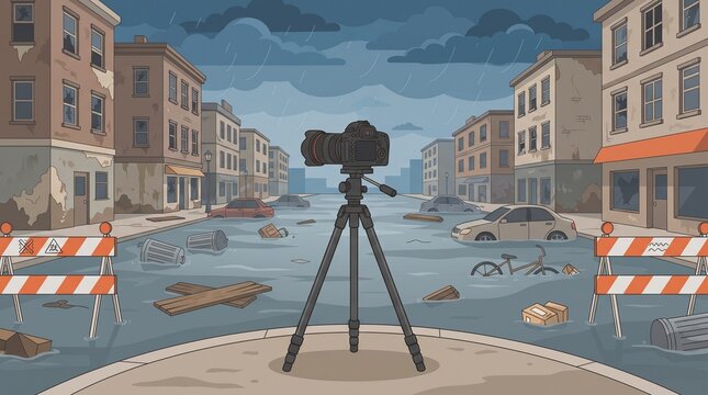 Disaster photojournalism concept with camera, flooded street, damaged buildings, emergency barriers and storm clouds in a clean editorial flat vector illustration.