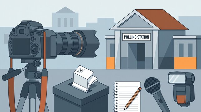 Election photojournalism concept with professional camera, polling station, ballot box, voting papers and press equipment in a clean flat vector illustration.