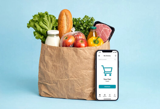 Online grocery shopping with fresh food in a paper bag and smartphone checkout screen ready