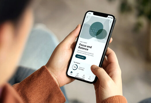 Person holding smartphone with wellness app showing focus and balance progress on screen