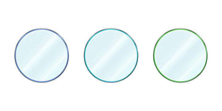 Set of round mirrors in silver frames with blue, turquoise, and green LED backlighting. Reflective glass plate. 3D vector illustration isolated on white background.