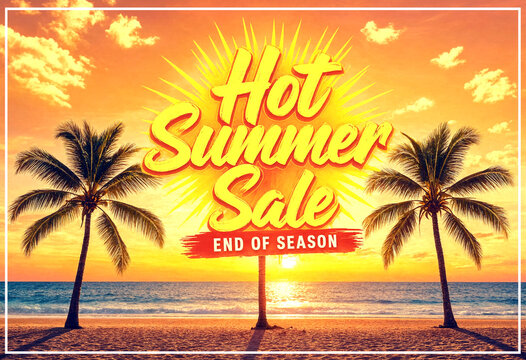 Vibrant beach sunset with palm trees and glowing hot summer sale sign advertisement banner