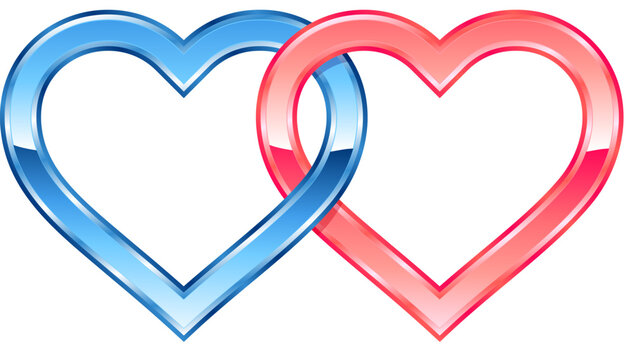 two twin blue and pink valentines love hearts shiny metal metallic linked together vector isolated on transparent background