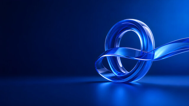 Abstract 3D glossy blue glass folded ribbon loop on a dark background with copy space