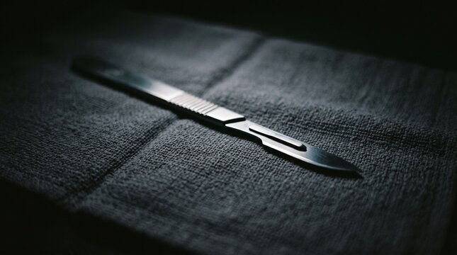 A sharp surgical steel scalpel resting on a dark gray textured towel with dramatic low key lighting highlighting the metallic blade and handle for a medical or forensic investigation concept