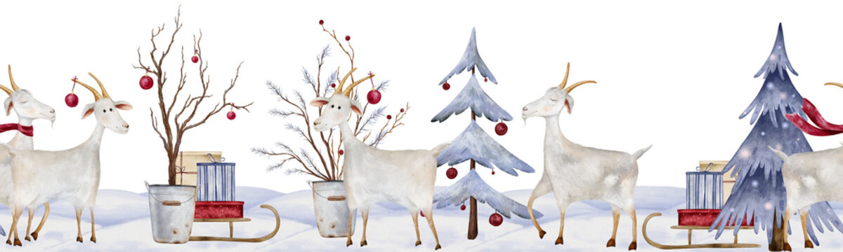 Seamless border with watercolor illustration Christmas Goats in winter scene. Hand painted decorative fir trees with gift boxes and sleighs on snow for cards or banners. Pastel blue and red colors