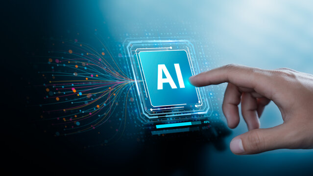 Businessman hand touching AI chips icon, Artificial Intelligence technology for Big data technology Data science analysing, research and machine learning algorithm, robots, agents automation.