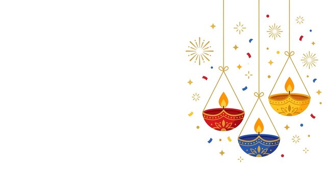 Elegant hanging diya lamps with decorative festive elements for traditional Indian Diwali celebration background greeting banner