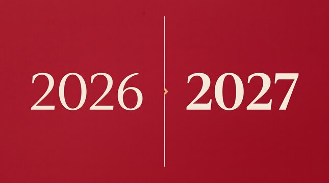 Minimalist white serif twenty twenty six and twenty twenty seven numbers separated by sharp vertical gold line on elegant deep red festive background.