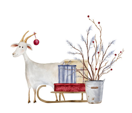 Illustration of festive goat adorned with a Christmas ornament alongside wrapped gifts on wooden sled. Hand painted watercolor clipart of rustic holiday themes. Design Elements with wrapped presents