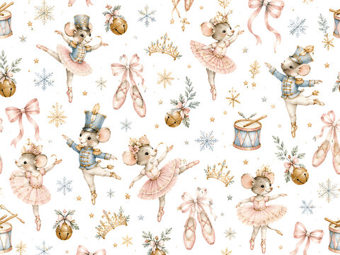 Adorable watercolor nutcracker mice and ballerina mice dance among festive elements in a charming seamless pattern.