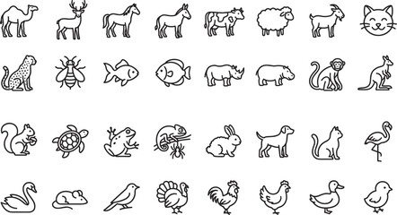 Obraz premium Assorted wildlife and domestic animal line icon set collection for web app ui vector illustration