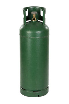 Tall, weathered green gas cylinder with a brass valve on top, captured with bright studio lighting against a clean white background