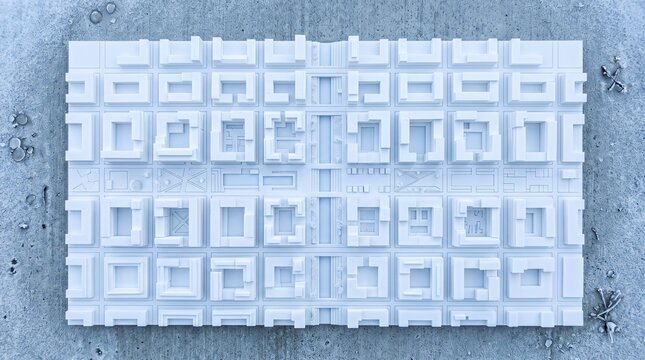 Top view of a white architectural city model showcasing urban planning layout design with miniature buildings and courtyards on a textured grey background