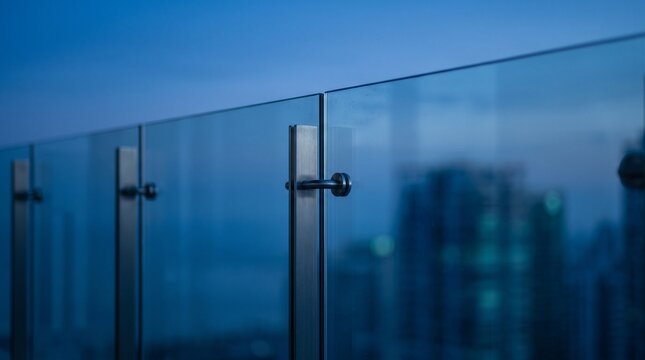Modern glass balcony railing with brushed metal supports overlooking a blurred city skyline at twilight for architecture and urban design background