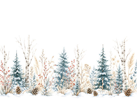 A hand painted watercolor seamless border features winter trees, pine cones, and berries with snow on the ground.