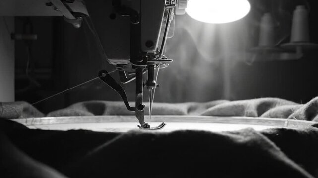 Industrial sewing machine needle moving up and down to create textile patterns in a focused close-up shot