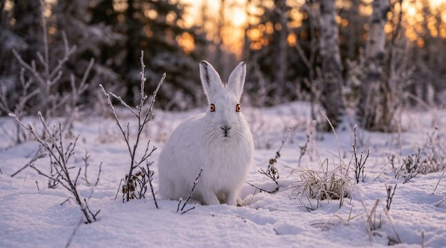 White arctic hare sitting in first autumn snowfall at sunset, wild mountain hare among frosty bushes in northern wilderness.