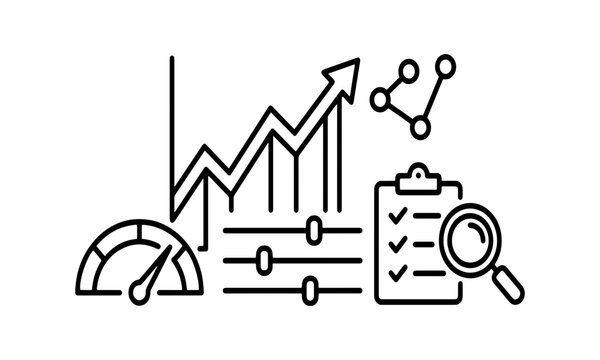 Business performance analytics and strategy line icon with rising arrow chart, gauge meter, slider controls, audit checklist clipboard, and network connection