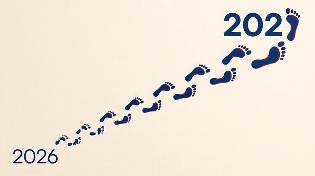 Footprint path leading from twenty twenty six to twenty twenty one for reverse time visualization with blue and red colors on beige background.