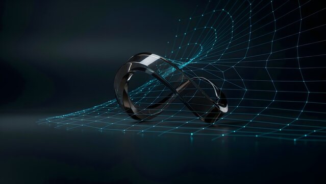 Smoked glass Mobius strip on wireframe grid &ndash; Suitable for continuous data flow, blockchain technology, or feedback loops.